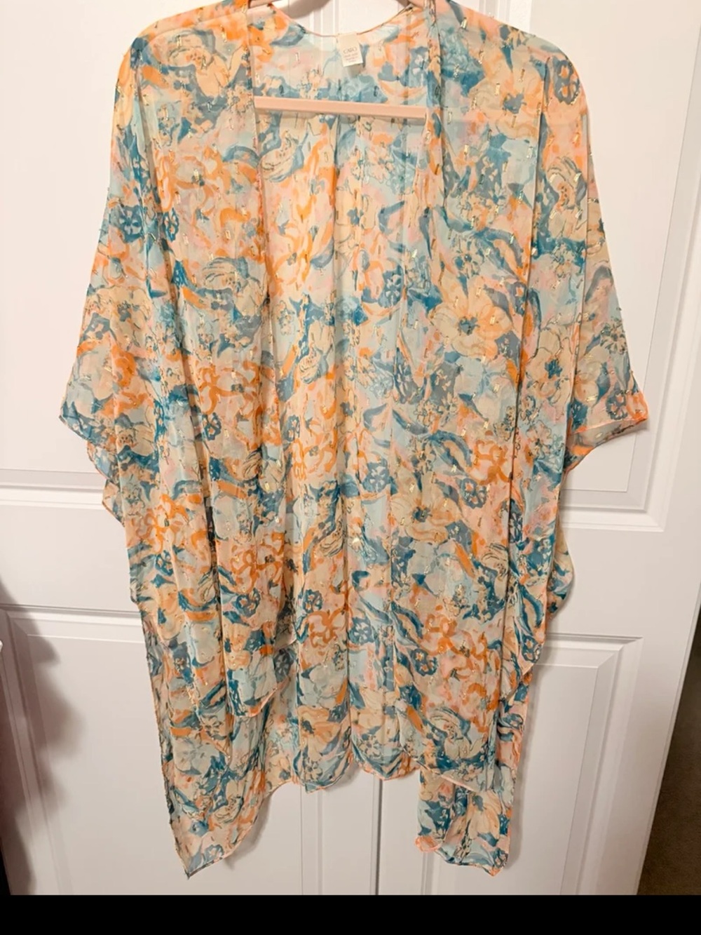 Lightweight Floral Print Kimono Jacket - Peach & Teal